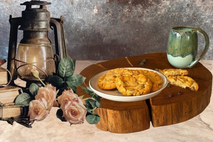 a slice of wood with a plate of cookies and a few chocolate chips and a handmade mug on. to the left is an oil lamp with some pink roses in front